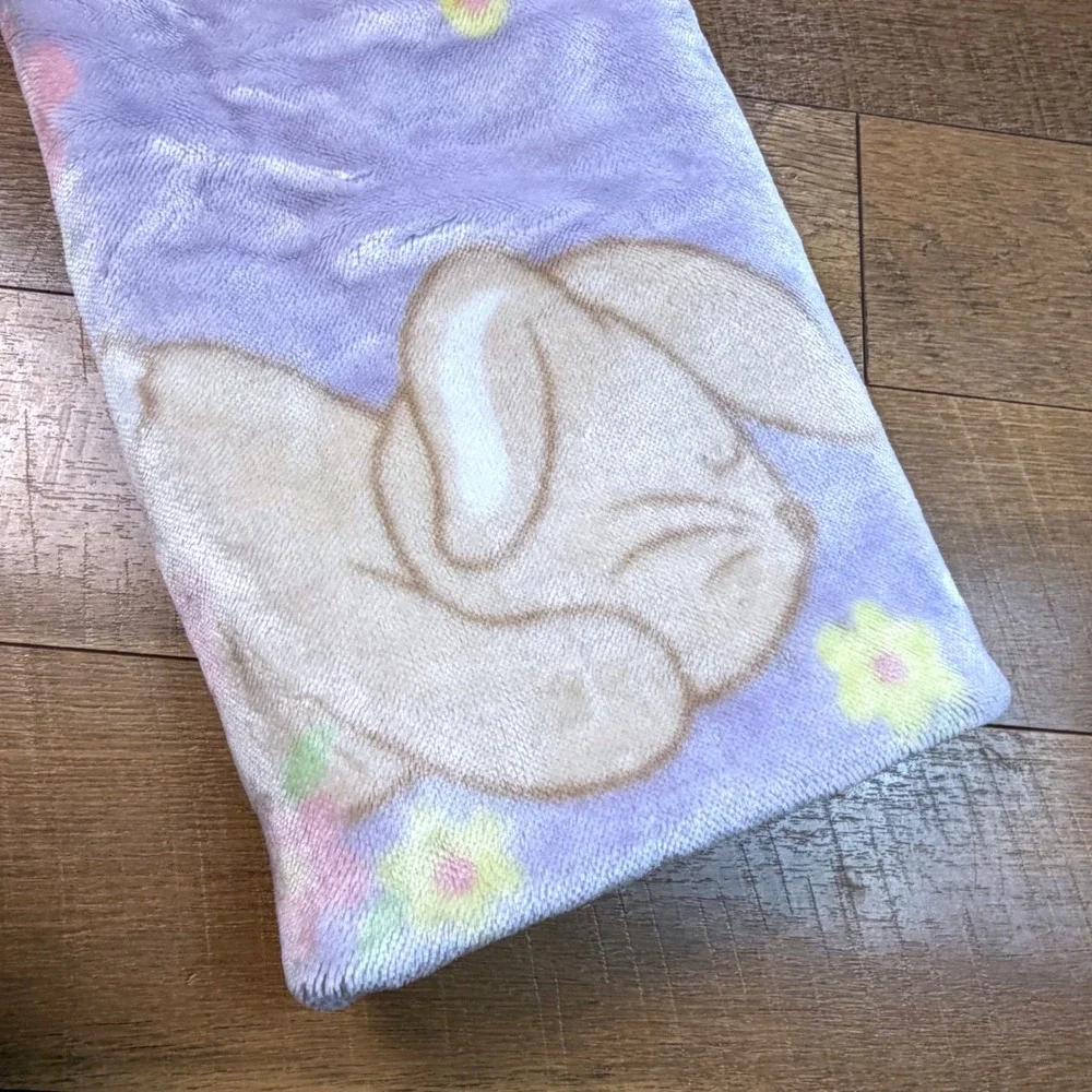 Springmaid Baby Purple Bunny Floral Satin Trim Plush Fleece Blanket 30x44